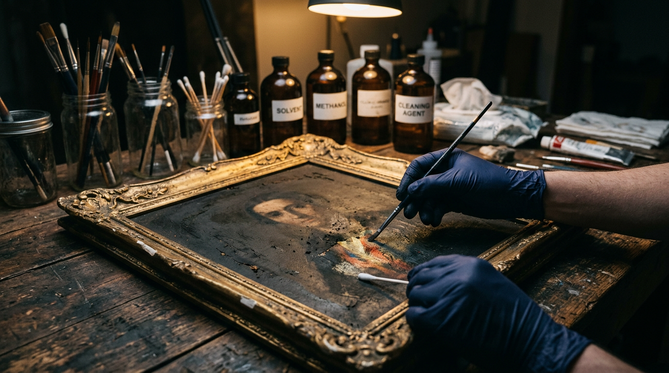 Conservator restoring a framed oil painting