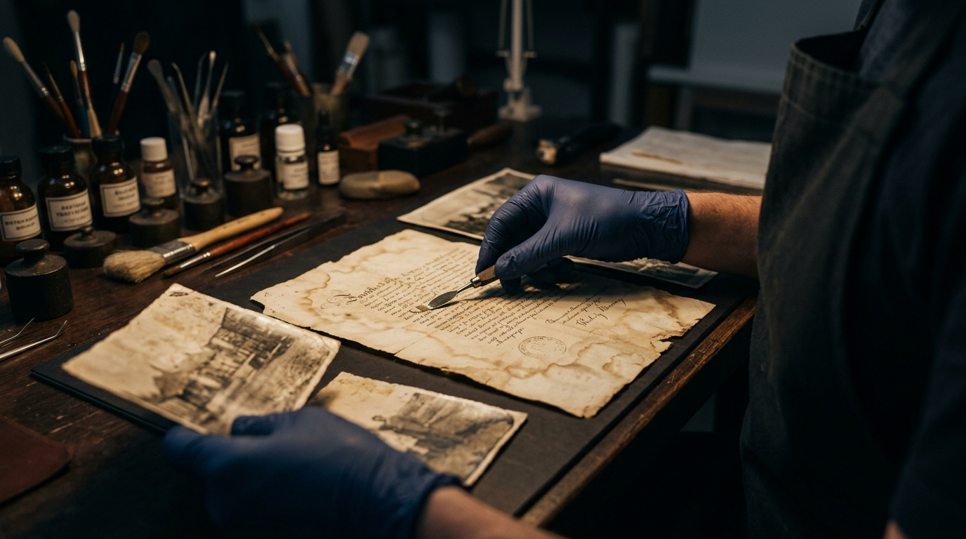Technician laying out restored paper documents and photographs