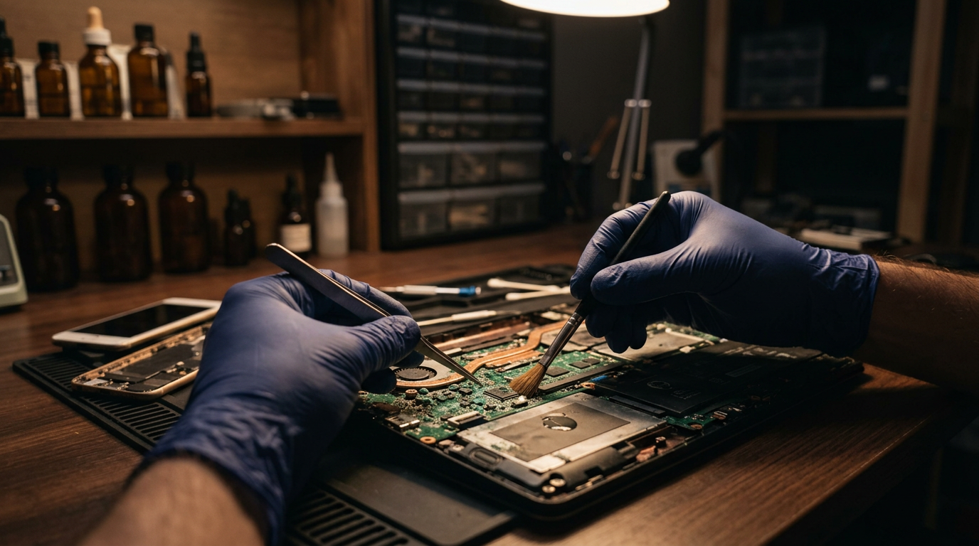 Technician cleaning the circuit board of an opened laptop